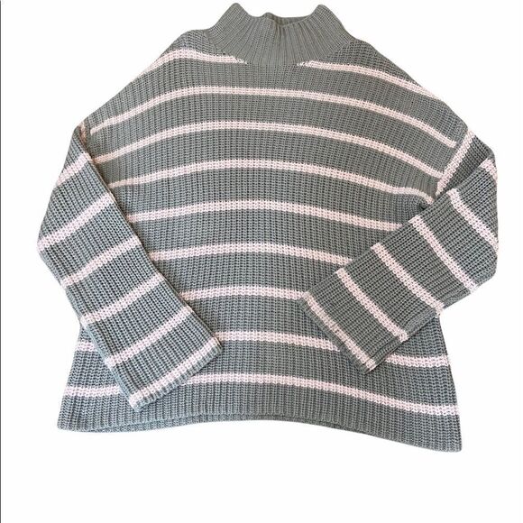 NWT CASLON Grey&Pink Striped Heavy Knit High Neck Wide Sleeve Loose Long Sweater - Picture 6 of 9